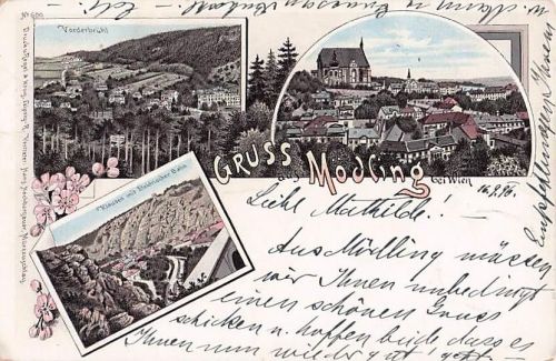 Vorläufer-Lithographie Mödling bei Wien, 1895, Vorderbrühl, Klausen mit elektr. Bahn, Teilansicht aus der Vogelschau