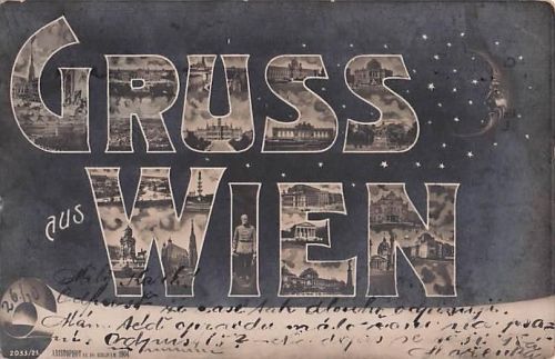 Österreich Gruss aus Wien bei Nacht, vermenschlichte Mond-Vintage-Postkarte