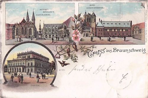 Lithographie Braunschweig, Burg Dankwarderode, Altstadt mit Rathaus und Martinikirche, Theater