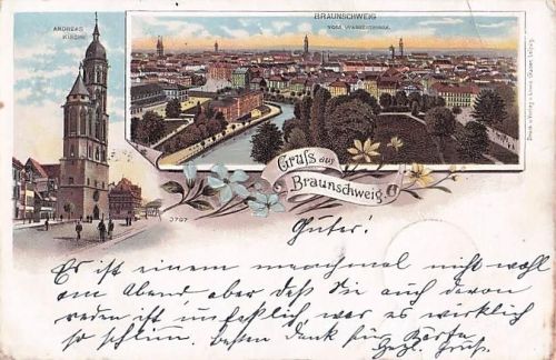 Lithographie Braunschweig, Andreas-Kirche, Totalansicht vom Wasserturm