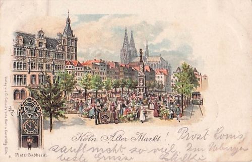 Lithographie Köln, Alter Markt mit Dom, Strassenbahn