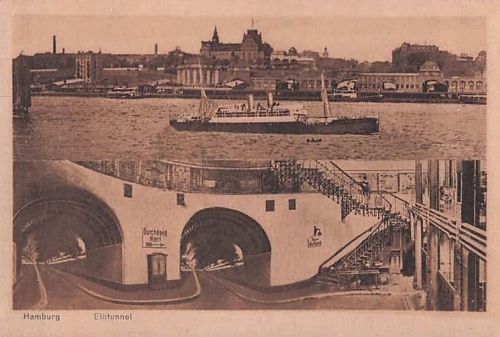 Künstler-AK Hamburg-St. Pauli, Elbtunnel - Innenansicht und Elbpanorama