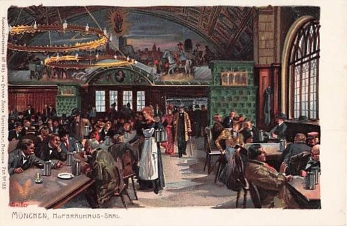 Künstler-Lithographie Paul Hey: München, Saal im Hofbräuhaus