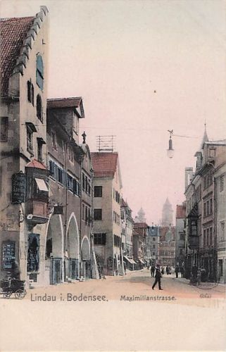 Ansichtskarte Lindau i. Bodensee, Maximilianstrasse mit Geschäften u. Kirche