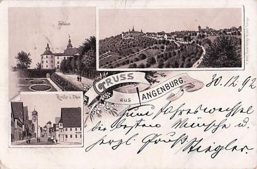 Lithographie Langenburg, Schloss, Kirche und Tor, Totalansicht vom Ort