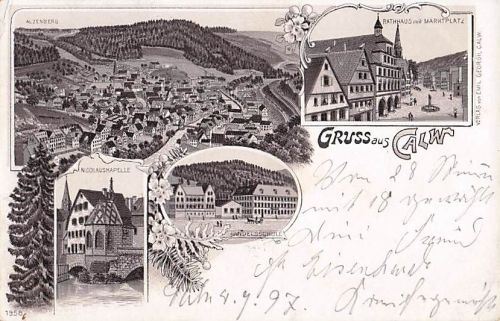 Ansichtskarte Litho AK Calw Kapelle, Handelschule, Markt - Gruss aus 1899