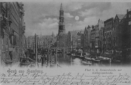 Mondschein-Ansichtskarte Hamburg, Fleet mit Catharinenkirche