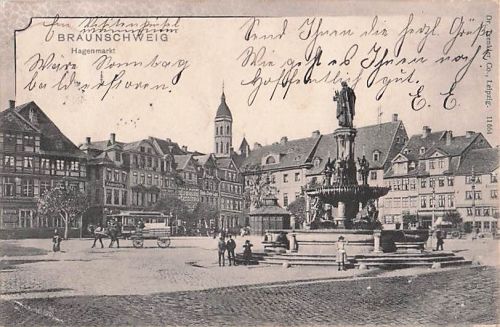 Alte AK Braunschweig Hagenmarkt Heinrichsbrunnen gelaufen 1901 nach Hedwigsburg