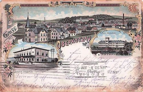 Lithographie Oberkotzau, Bahnhof von der Gleisseite, Schloss, Totalansicht