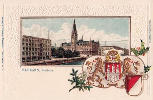 Passepartout-Lithographie Hamburg, Alsterpavillon von Hermann Heinze, Rathaus, Wappen
