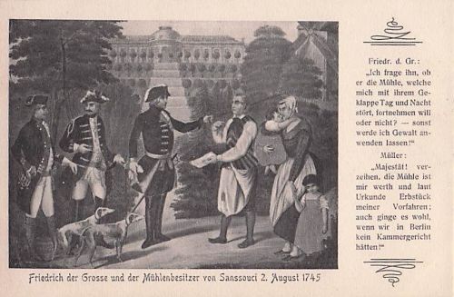 Ansichtskarte Potsdam, Sanssouci, König Friedrich II. (der Große) und der Mühlenbesitzer, 2. August 1745