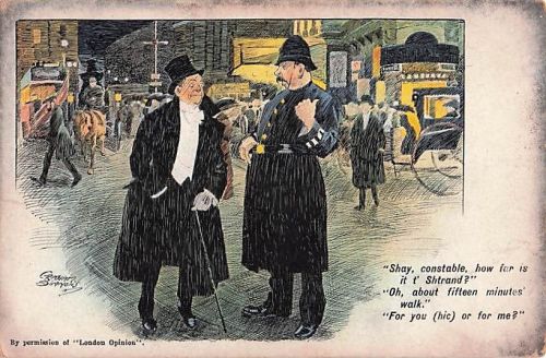 Alte Comic-Postkarte „London Opinion“ um 1910 – Humor/Satire: Betrunkener & Polizist (Strand, London)