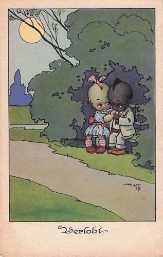 Alte Künstler-Ansichtskarte „Verlobt“ um 1920 – Kleines Pärchen bei Vollmond – RAR