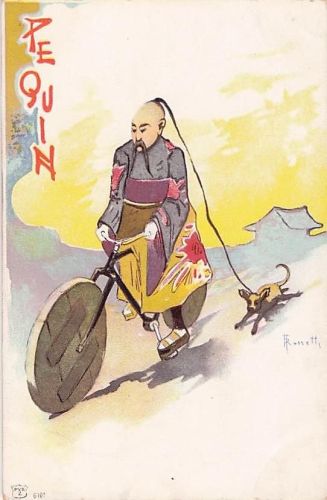 Künstler-Ansichtskarte sign. Rosetti: China, Chinesischer Mann auf einem Fahrrad mit Hund