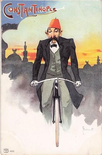Alte Ansichtskarte Constantinople 1902 Rossetti Radfahrer Karikatur Sultan Fes
