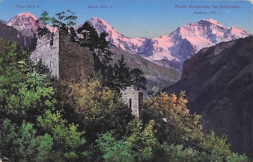 Alte AK Ruine Unspunnen mit Eiger Mönch Jungfrau - Verlag Schild-Bichsel Brienz