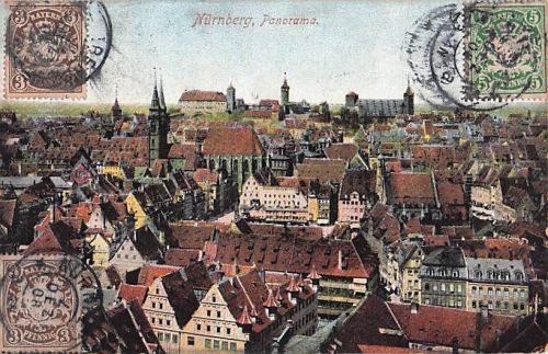 Nürnberg Panorama Postkarte 1908 gelaufen nach Frankreich Bayern Mischfrankatur