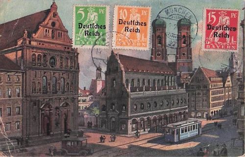 AK München Neuhauser Straße 1920 mit St. Michael & Frauenkirche, Briefmarke DR