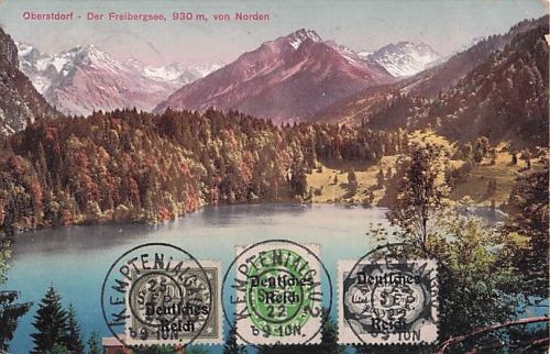 AK Oberstdorf Allgäu Freibergsee von Norden 1911 Kempten Marke bildseitig Belgien