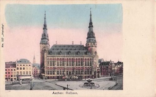 AK Aachen, Rathaus mit Straßenpartie