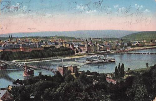 Alte AK Coblenz um 1910 - Panorama Rhein Pfaffendorfer Brücke Schaufelraddampfer