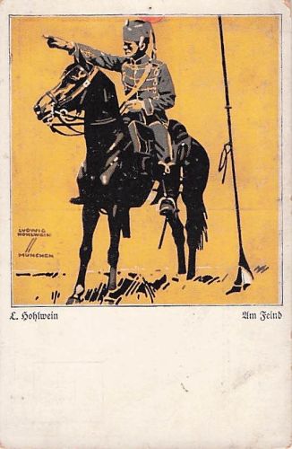Künstler-Ansichtskarte Ludwig Hohlwein: Am Feind, Soldat der Kavallerie hoch zu Ross