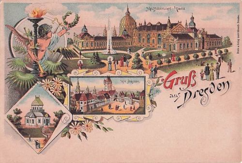 Alte Litho Ansichtskarte „Gruß aus Dresden“ – ca. 1896 – Ausstellungspalast