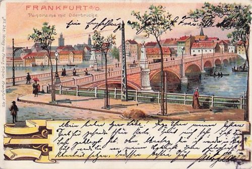 AK Frankfurt an der Oder - Panorama mit Oderbrücke - Farblitho um 1900 gelaufen