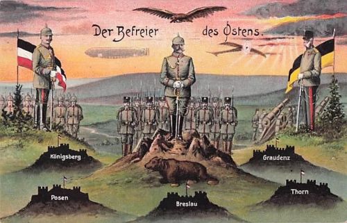 Ansichtskarte / Postkarte Der Befreier des Ostens, Kaiser Franz Joseph I., Kaiser Wilhelm II., Zeppelin, Breslau, Thorn