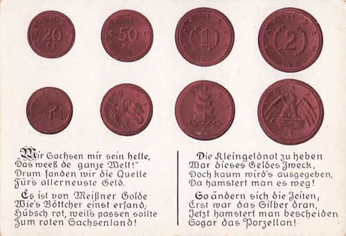 AK GELD GELDSTÜCKE MÜNZEN MEISSNER GOLDSTÜCKE PORZELLANGELD UM 1910