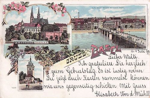 Lithographie Basel, Rheinbrücke mit Klein-Basel, Pfalz, St. Johannisthor