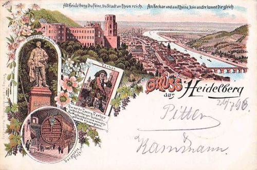 Lithographie Heidelberg, Schloss, Grosses Fass, Scheffer-Denkmal