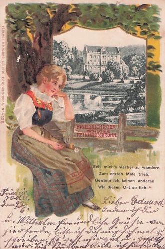 Alte Litho Postkarte 1906 Friedrichroda Schloss Reinhardsbrunn Thüringer Tracht
