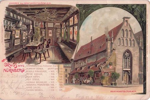 Künstler-Ansichtskarte C.Biese: Nürnberg, Bratwurstglöcklein, Aussen- und Innenansicht