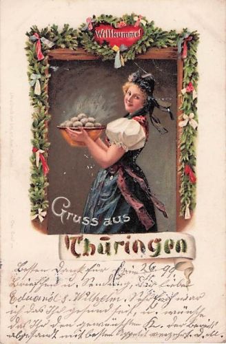 Ansichtskarte / Postkarte Gruß aus Thüringen, Willkumme, Frau mit Klößen in Tracht