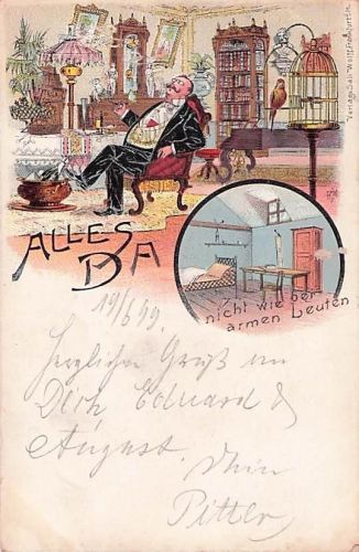 Lithographie Alles Da nicht wie bei armen Leuten, beleibter Herr neniesst Luxusleben