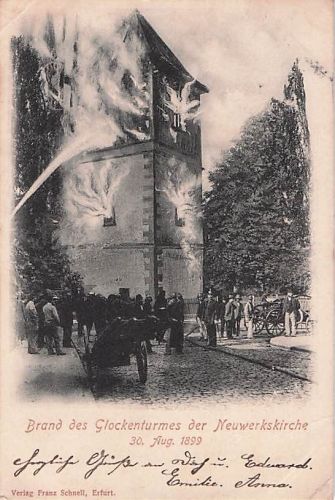 AK Erfurt Brand Glockenturm Neuwerkskirche 1899 gelaufen Reichspost Stempel
