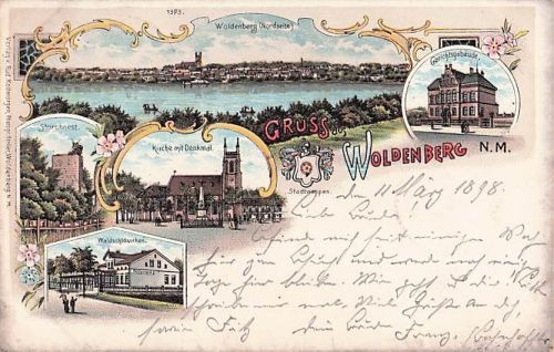 Historische Mehrbild-Lithografie "Gruss aus Woldenberg N.M." von 1898