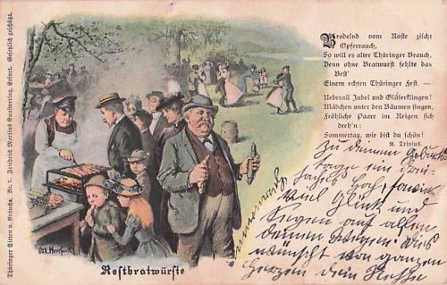 Künstler-AK Oskar Herrfurth: Besucher auf einem Fest kaufen Rostbratwürste