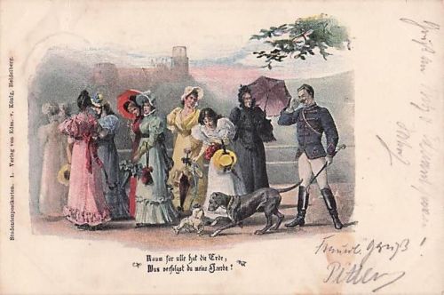 Studentika Ak Damen mit Sonnenschirm, Hunde