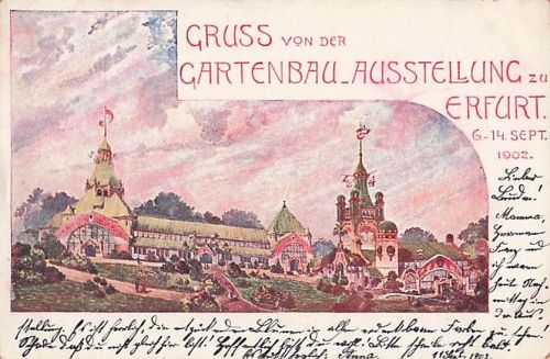 AK Erfurt Gartenbau-Ausstellung 1902 Litho Postkarte gelaufen Kurrent Jugendstil