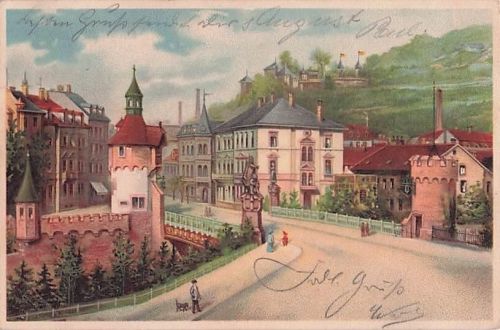 AK Freiburg im Breisgau - Strassenpartie Schwabentorbrücke - Litho um 1900
