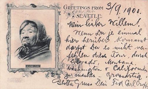 AK Seattle 1901 Prinzessin Angeline / Häuptling Seattle Tochter US-Bahnstempel -> Elberfeld