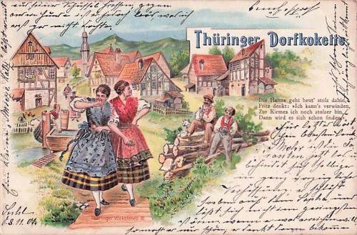 Lithographie thüringer Dorfkokette, zwei Frauen in thüringischer Tracht