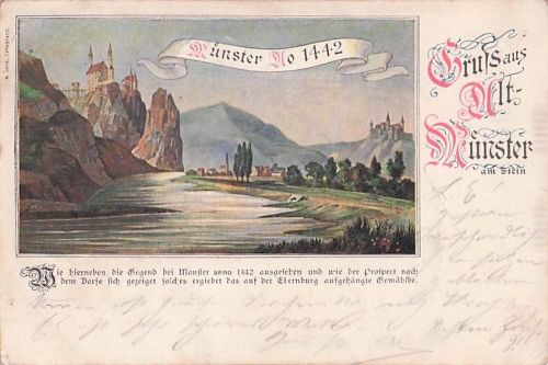Lithographie Münster am Stein, Münster im Jahre 1442