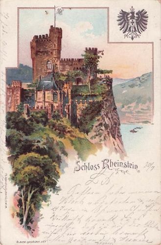 Künstler-Ansichtskarte C. Pfaff: Burg Rheinstein, Ansicht der Burg mit Blick auf den Rhein