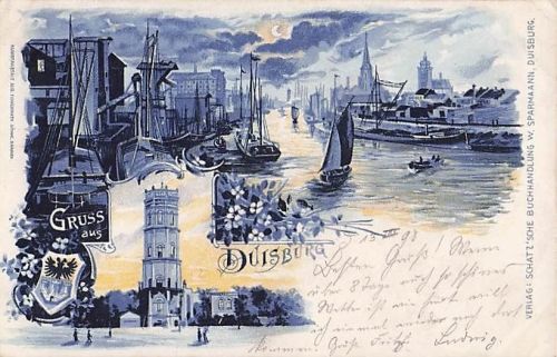 Historische Mondschein-Lithografie / Postkarte: „Gruss aus Duisburg“ (1898)
