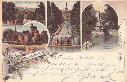 Lithographie Kassel, die Wilhelmshöhe, Cascade, der Aquaduct Wasserfall, die Löwenburg