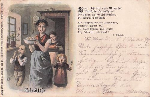 Gedicht Künstler Ak Thüringen, Rohe Klöße, Frau mit Kartoffelklößen, Jetzt gehts zum Mittagessen