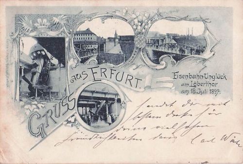 Top AK Erfurt 1897 Zugunglück Löberthor Lithographie Postkarte Elberfeld Stempel